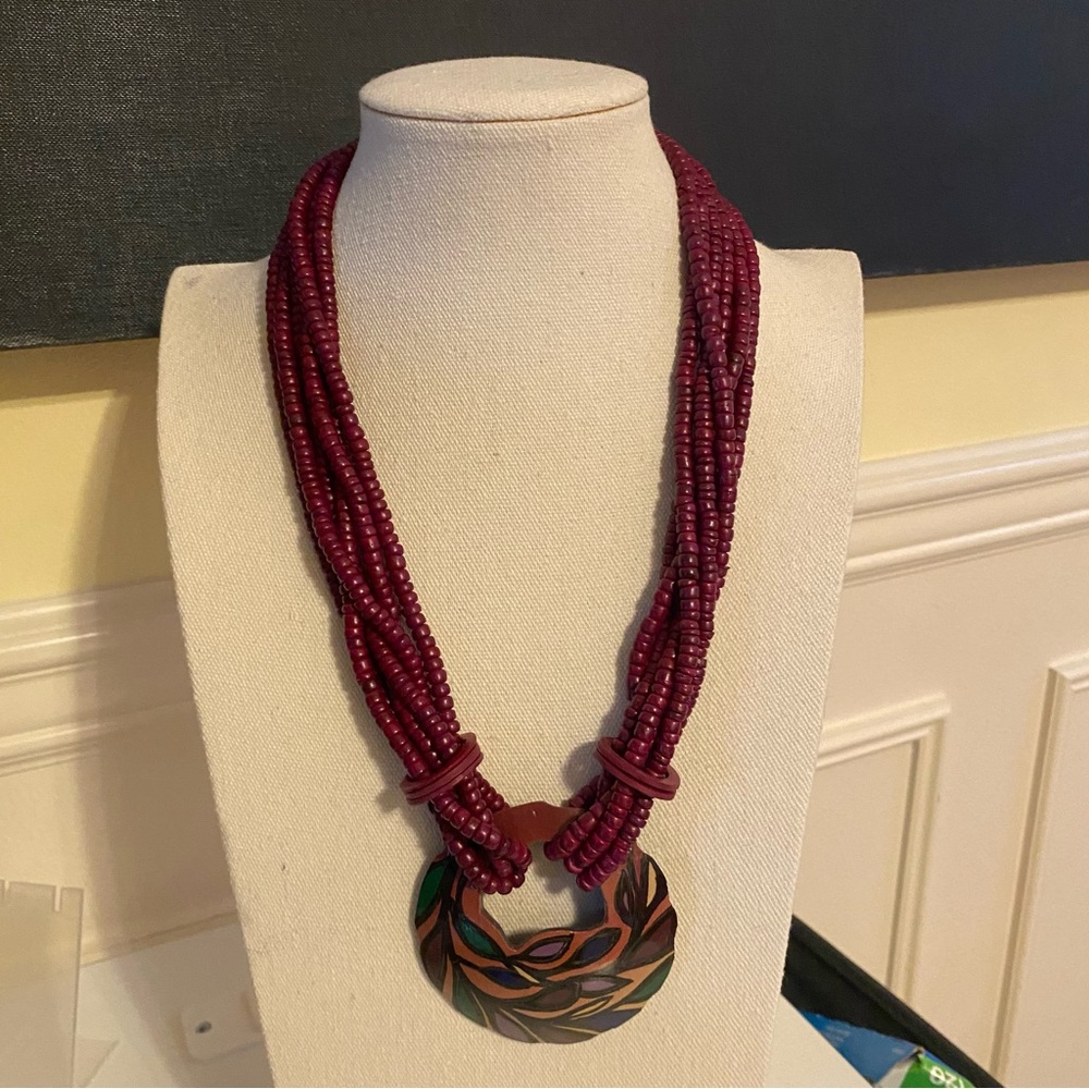 Handcrafted Maroon Beaded Statement Necklace with Painted Pendant